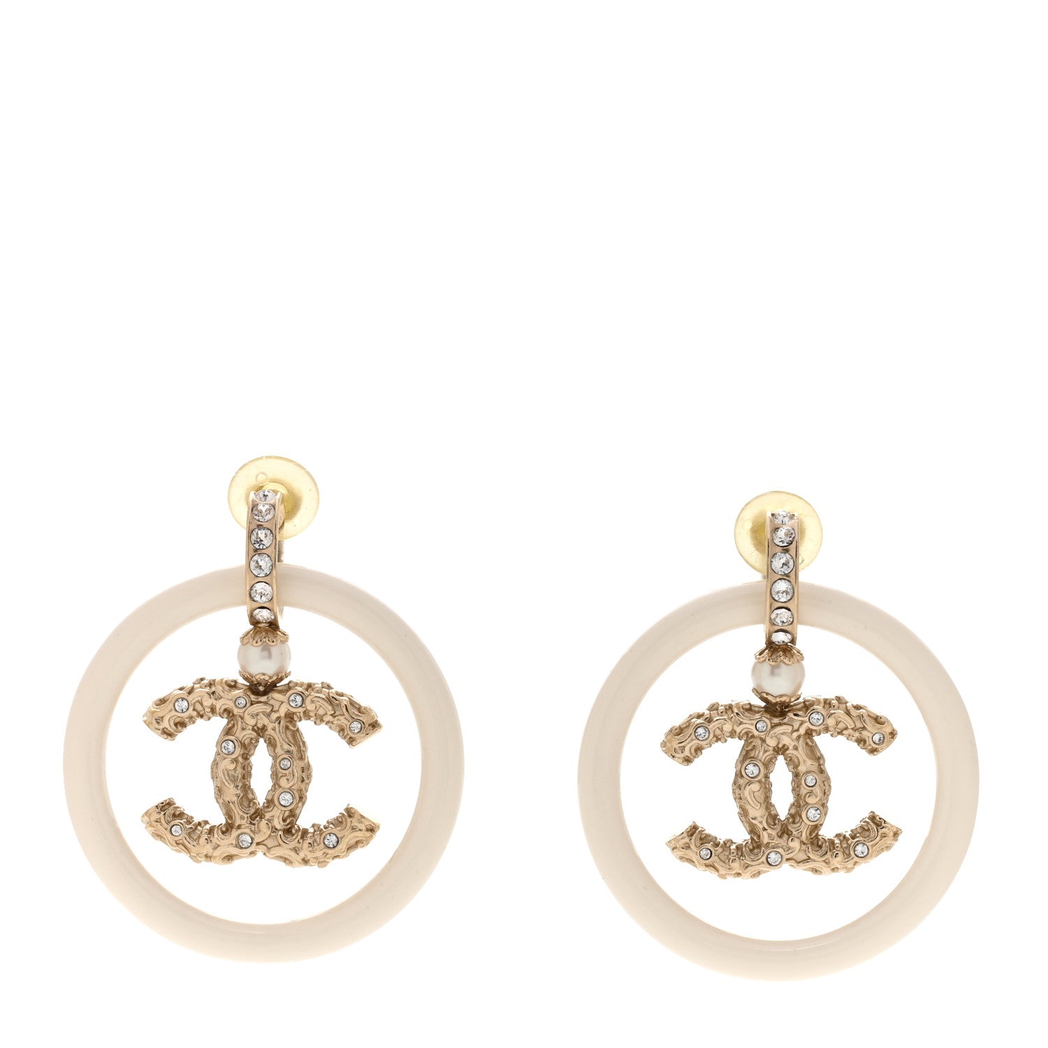 Chanel Resin Crystal Pearl CC Drop Earrings White Gold 1 of 4