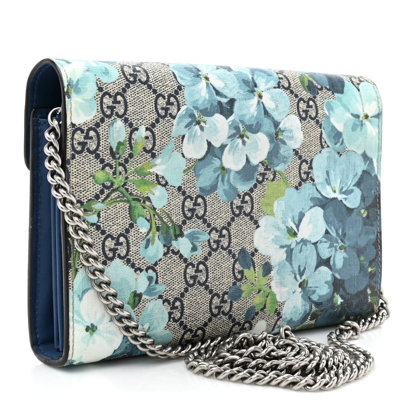 GG Supreme Monogram Blooms Mini Dionysus Chain Wallet Beige Blue Navy Vintage Blue