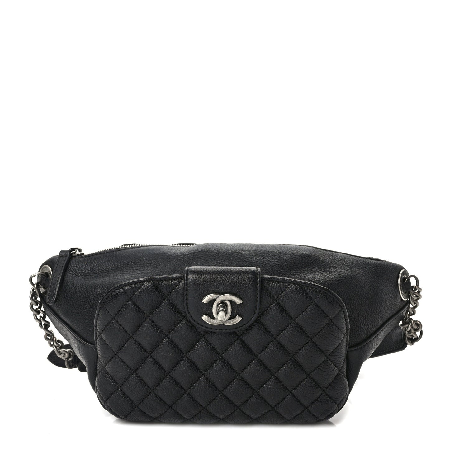 Grained Calfskin Quilted Casual Rock Waist Bag Fanny Pack Black