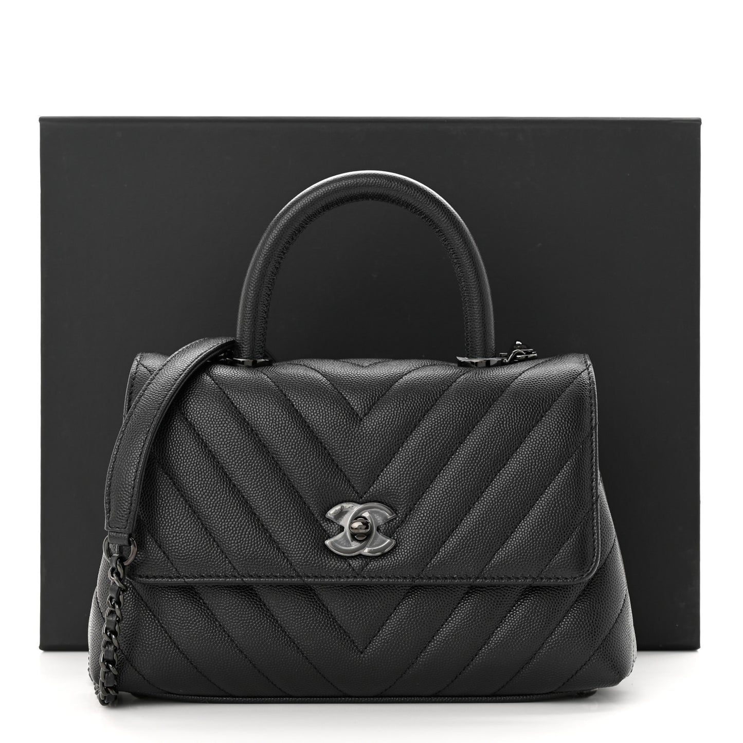 Caviar Chevron Quilted Mini Coco Handle Flap So Black