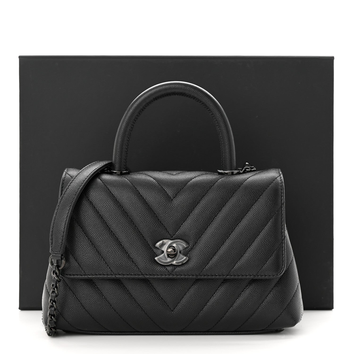 Chanel Caviar Chevron Quilted Mini Coco Handle Flap So Black 11 of 11