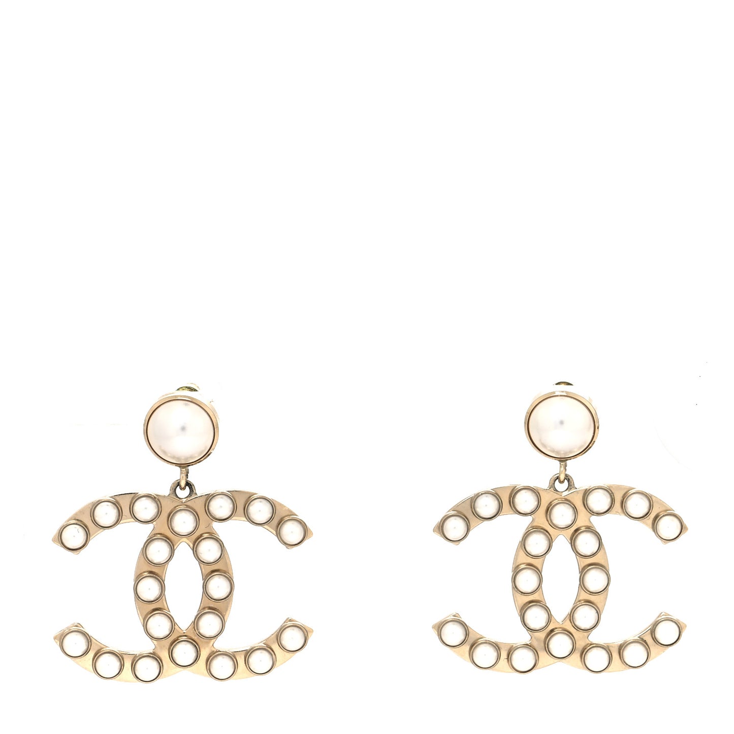 Metal Pearl CC Dangle Earrings Gold