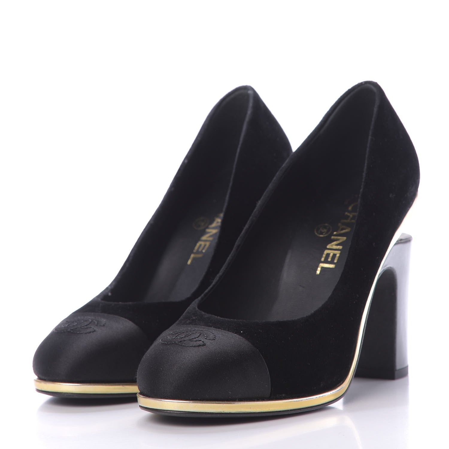Chanel Velvet Satin Cap Toe Pearl Pumps 38 Black 3 of 15