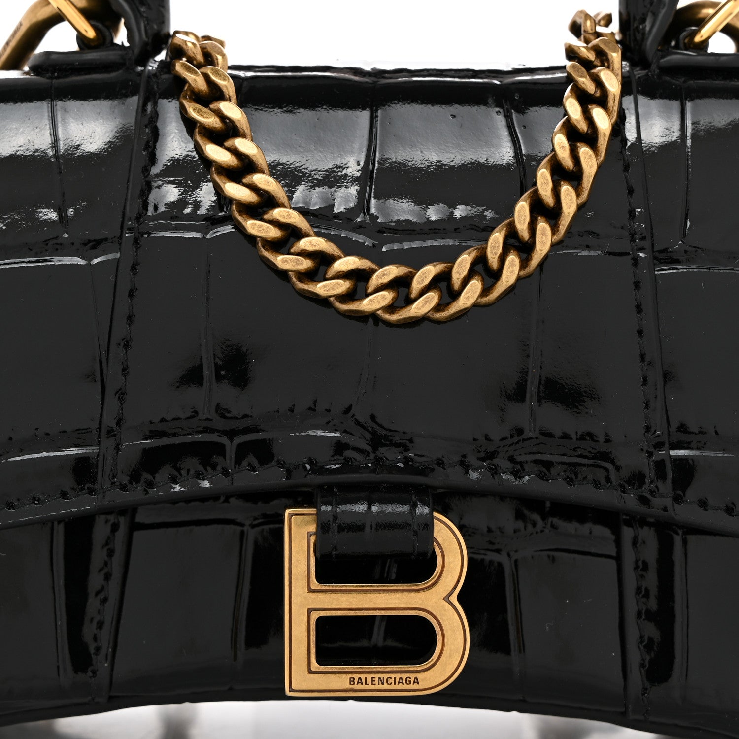 Balenciaga Shiny Calfskin Crocodile Embossed Hourglass Top Handle Bag Mini with Chain Black 8 of 10