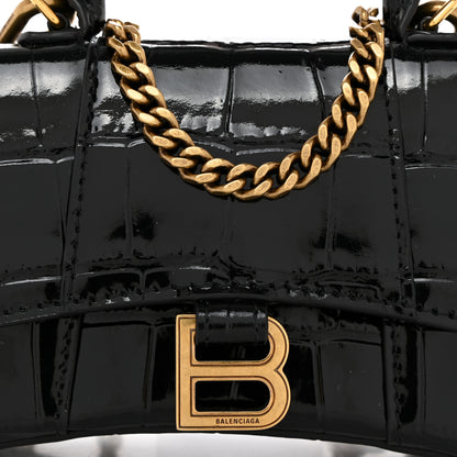Balenciaga Shiny Calfskin Crocodile Embossed Hourglass Top Handle Bag Mini with Chain Black 8 of 10