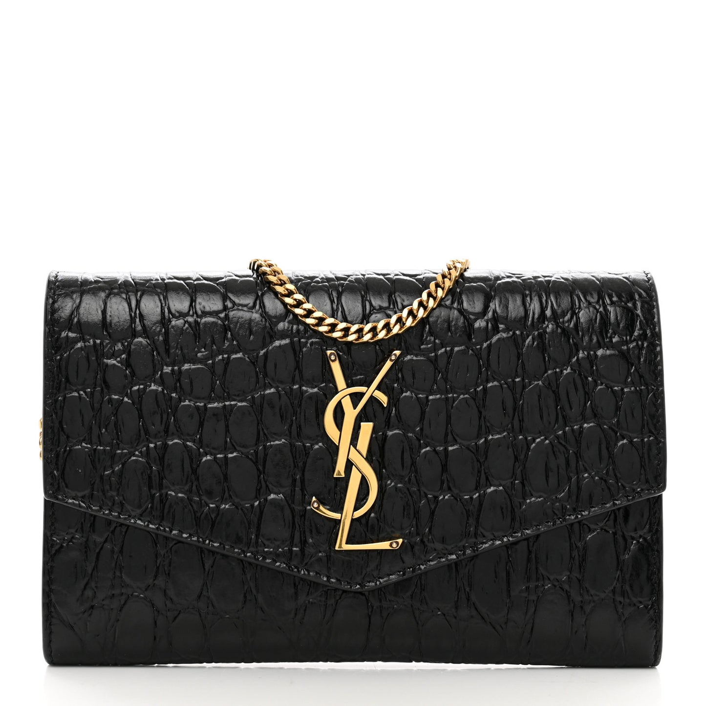 Calfskin Crocodile Embossed Monogram Uptown Chain Wallet Black
