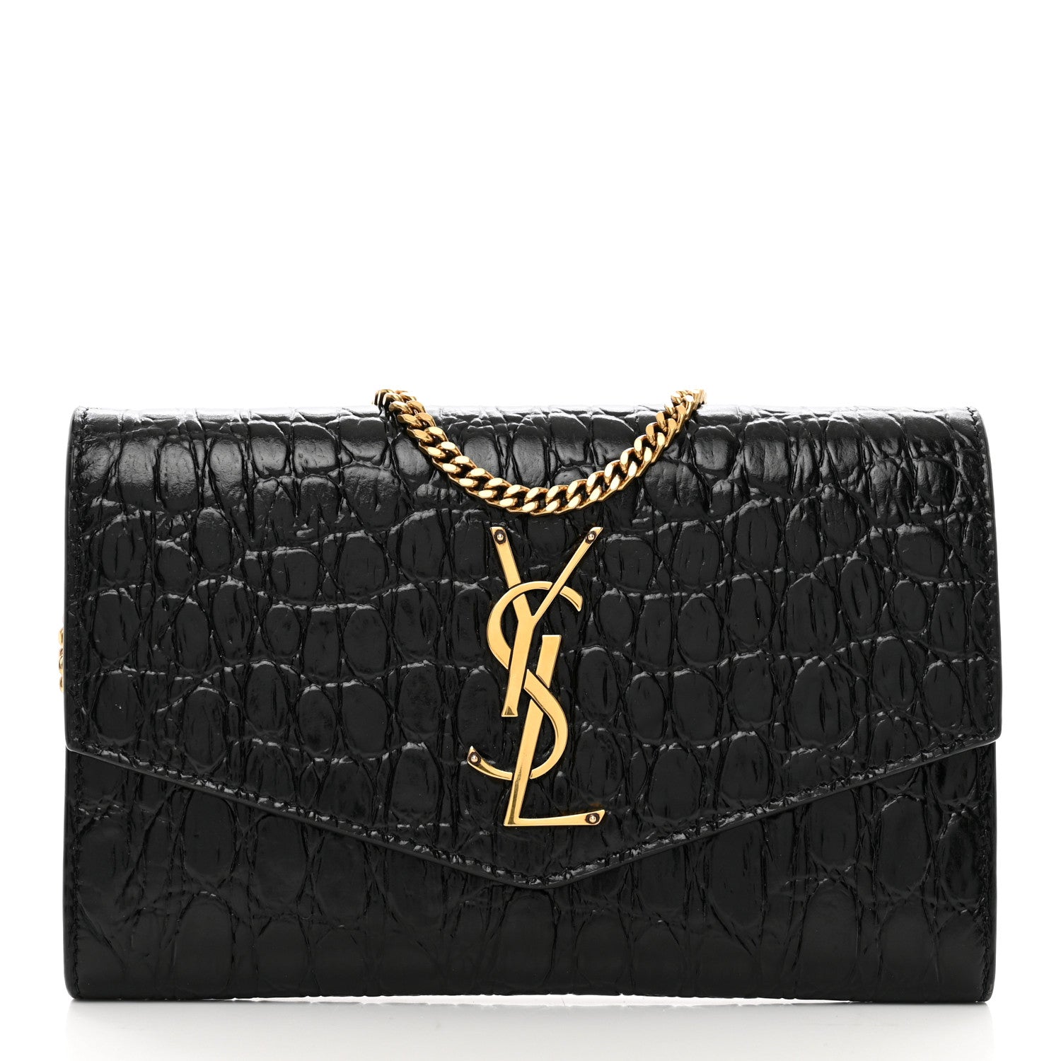 Saint Laurent Calfskin Crocodile Embossed Monogram Uptown Chain Wallet Black 3 of 11