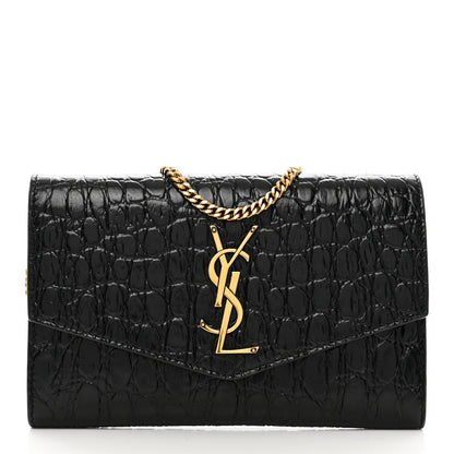 Saint Laurent Calfskin Crocodile Embossed Monogram Uptown Chain Wallet Black 3 of 11