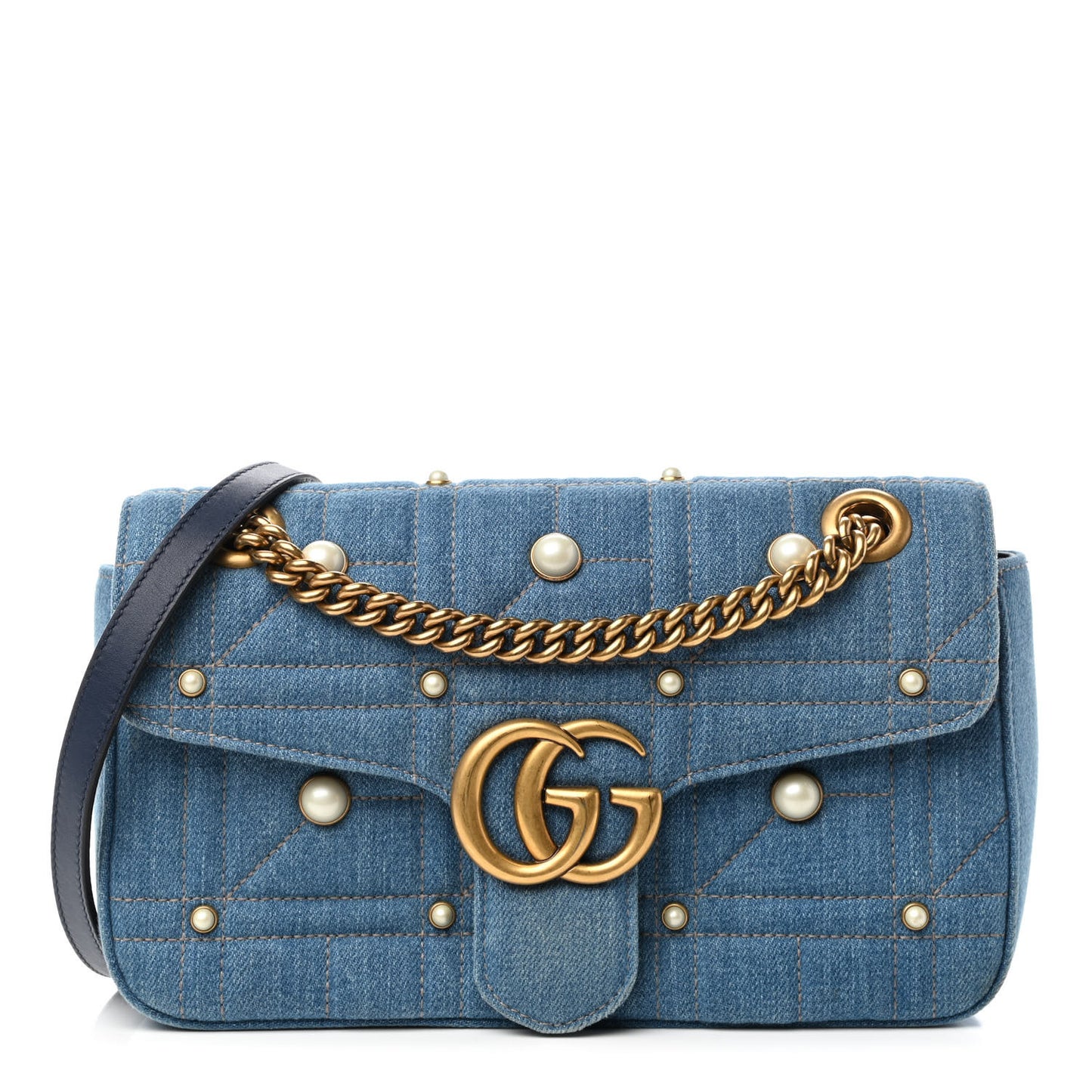 Denim Matelasse Pearl Studded Small GG Marmont Shoulder Bag Blue