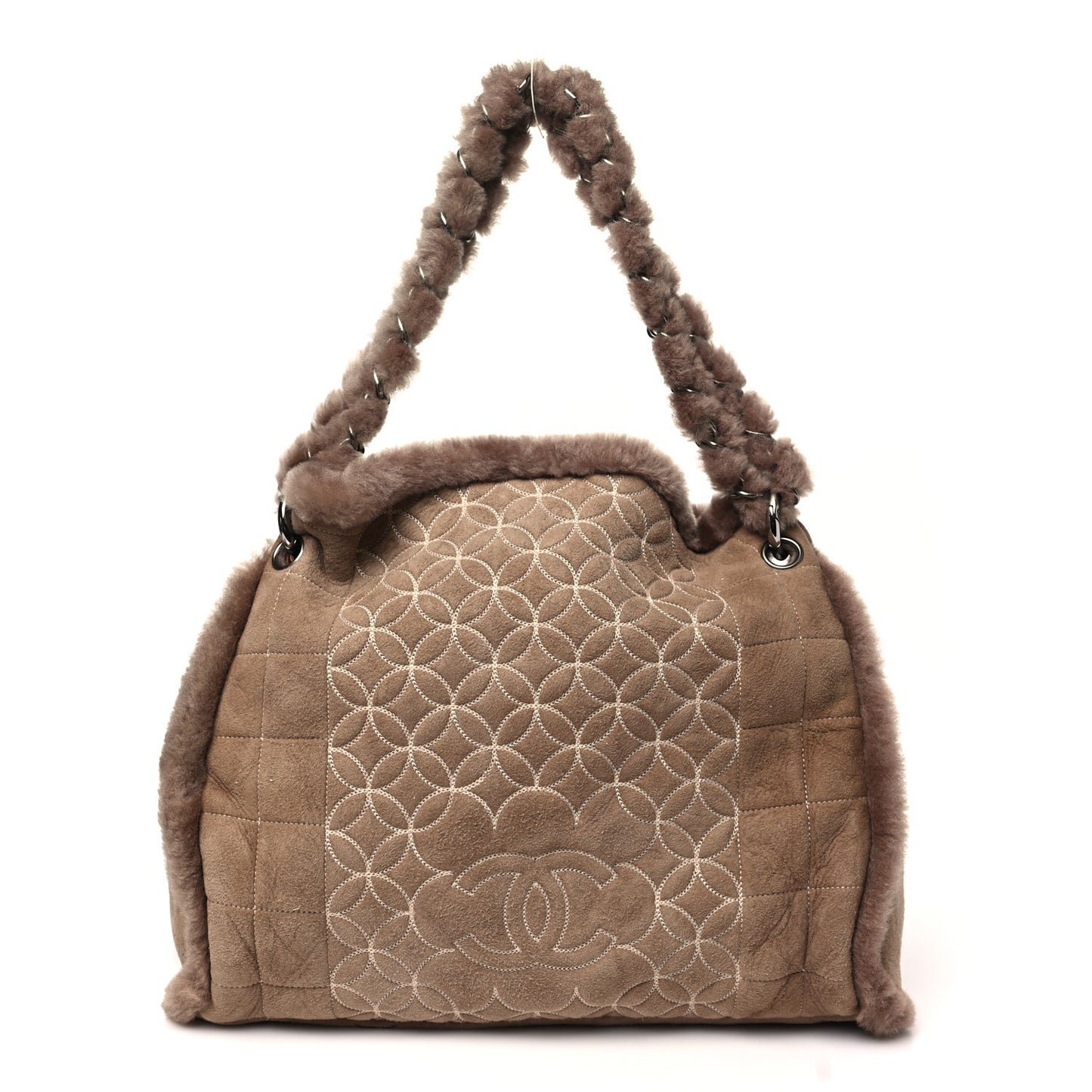 Shearling Suede Stiched CC Tote Dark Brown