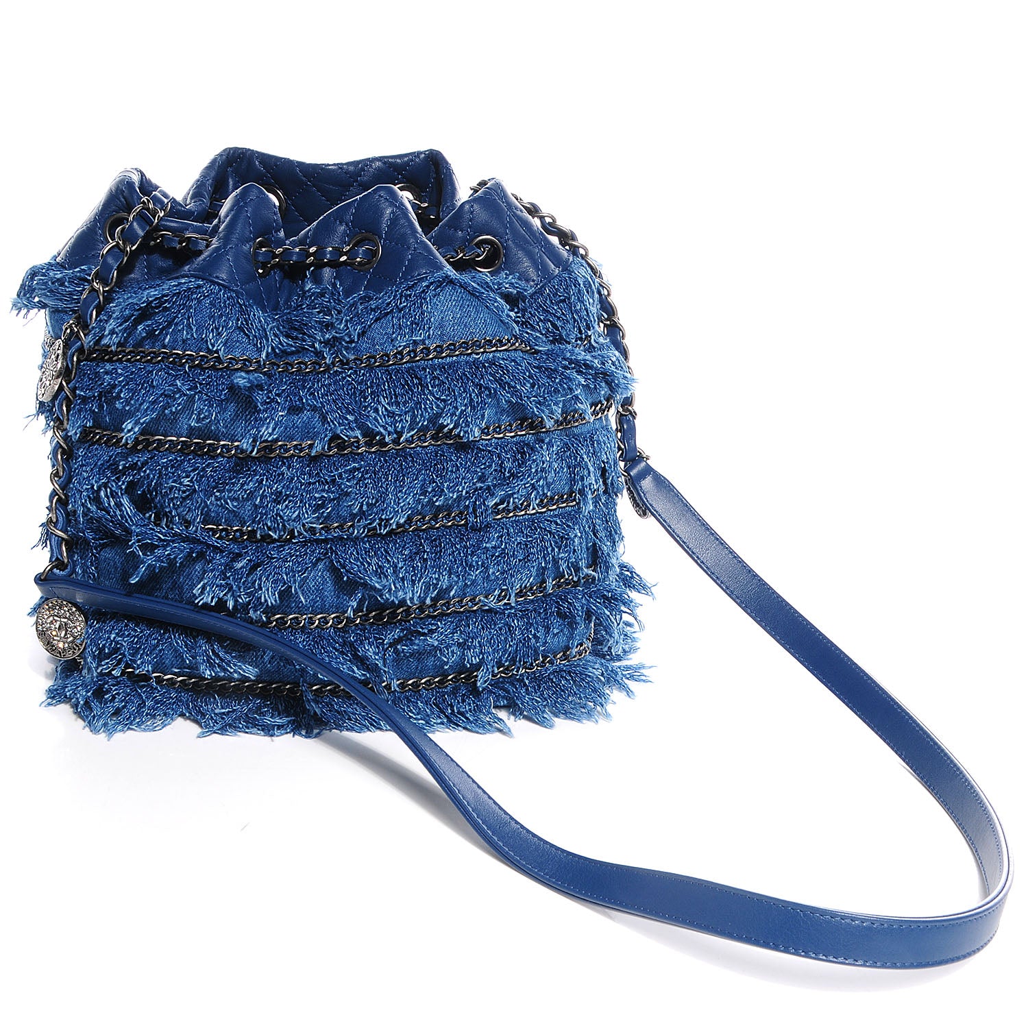 Chanel Calfskin Fringe Chains CC Denim Drawstring Bucket Bag Blue 3 of 8