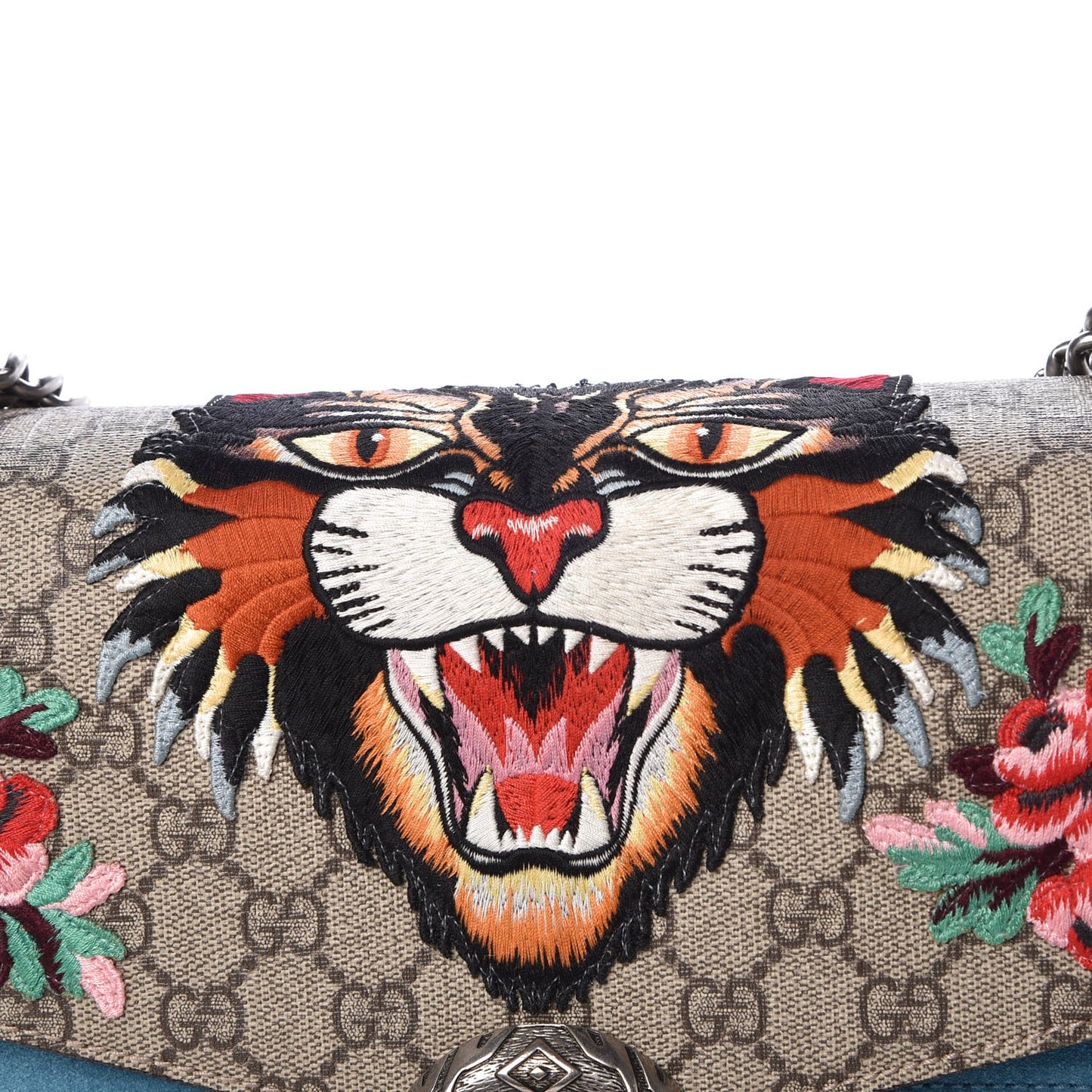 GG Supreme Monogram Angry Cat Embroidered Medium Dionysus Shoulder Bag Beige Ultramarine