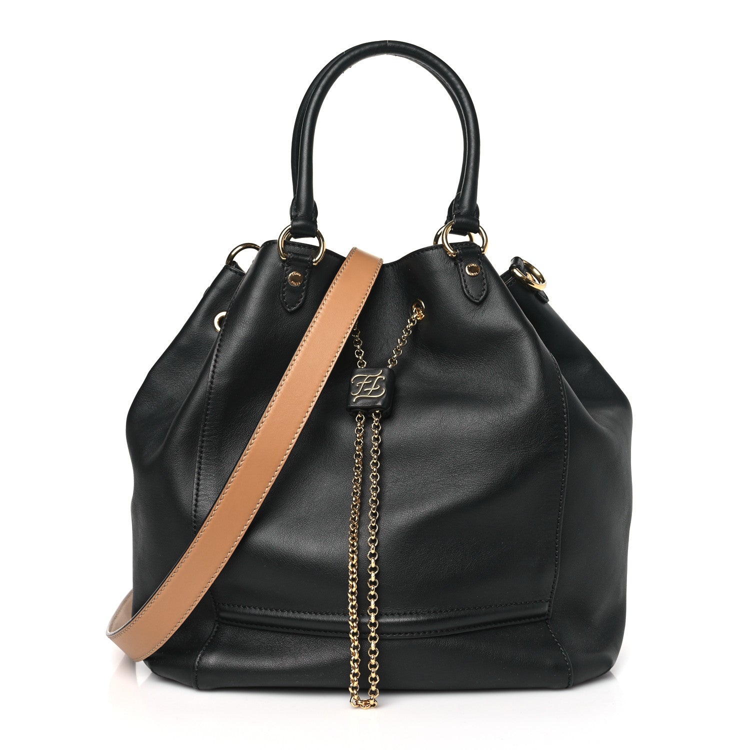 Fendi Vitello Grace King Karligraphy Chain Bucket Bag Black Bisquit 1 of 9