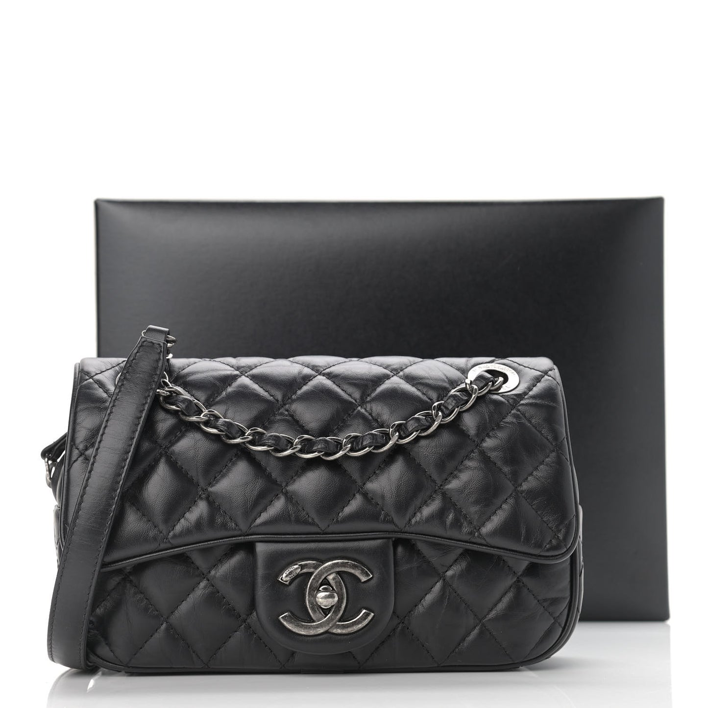 Aged Calfskin Quilted Small Easy Flap Black