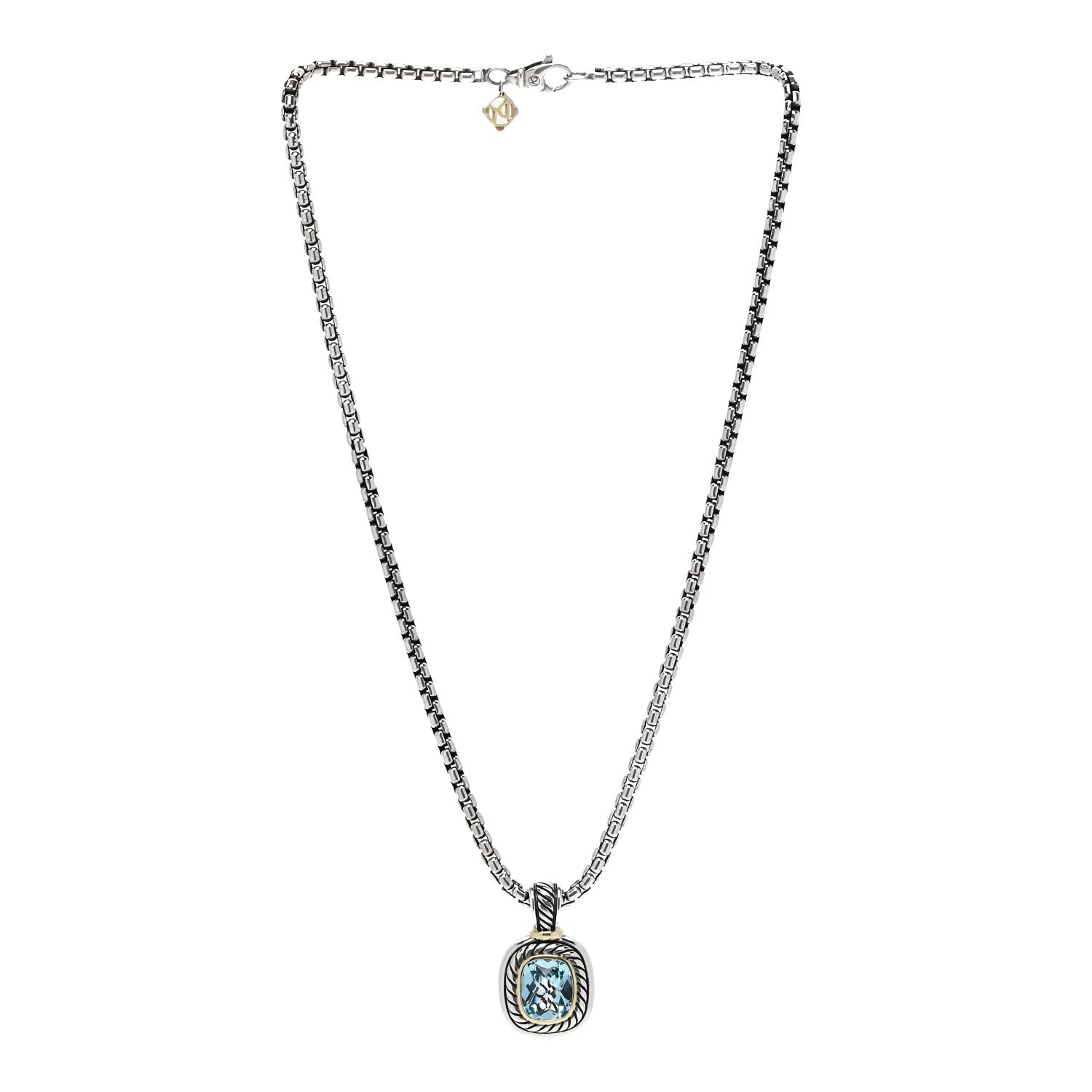 David Yurman Sterling Silver 14K Yellow Gold Blue Topaz 12mm Albion Pendant Box Chain Necklace 3 of 5