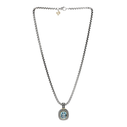 David Yurman Sterling Silver 14K Yellow Gold Blue Topaz 12mm Albion Pendant Box Chain Necklace 3 of 5