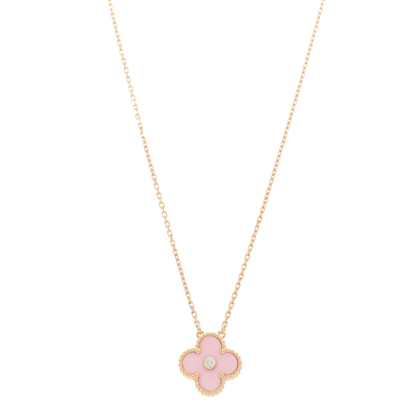 18K Rose Gold Diamond Pink Porcelain Vintage Alhambra Pendant Necklace