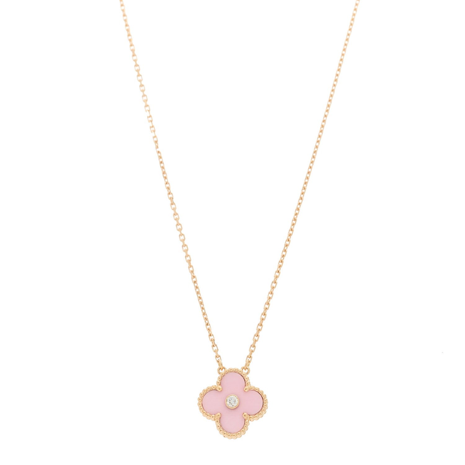 Van Cleef & Arpels 18K Rose Gold Diamond Pink Porcelain Vintage Alhambra Pendant Necklace 1 of 5
