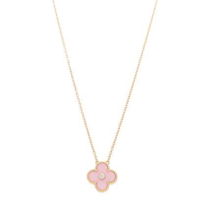 Van Cleef & Arpels 18K Rose Gold Diamond Pink Porcelain Vintage Alhambra Pendant Necklace 1 of 5