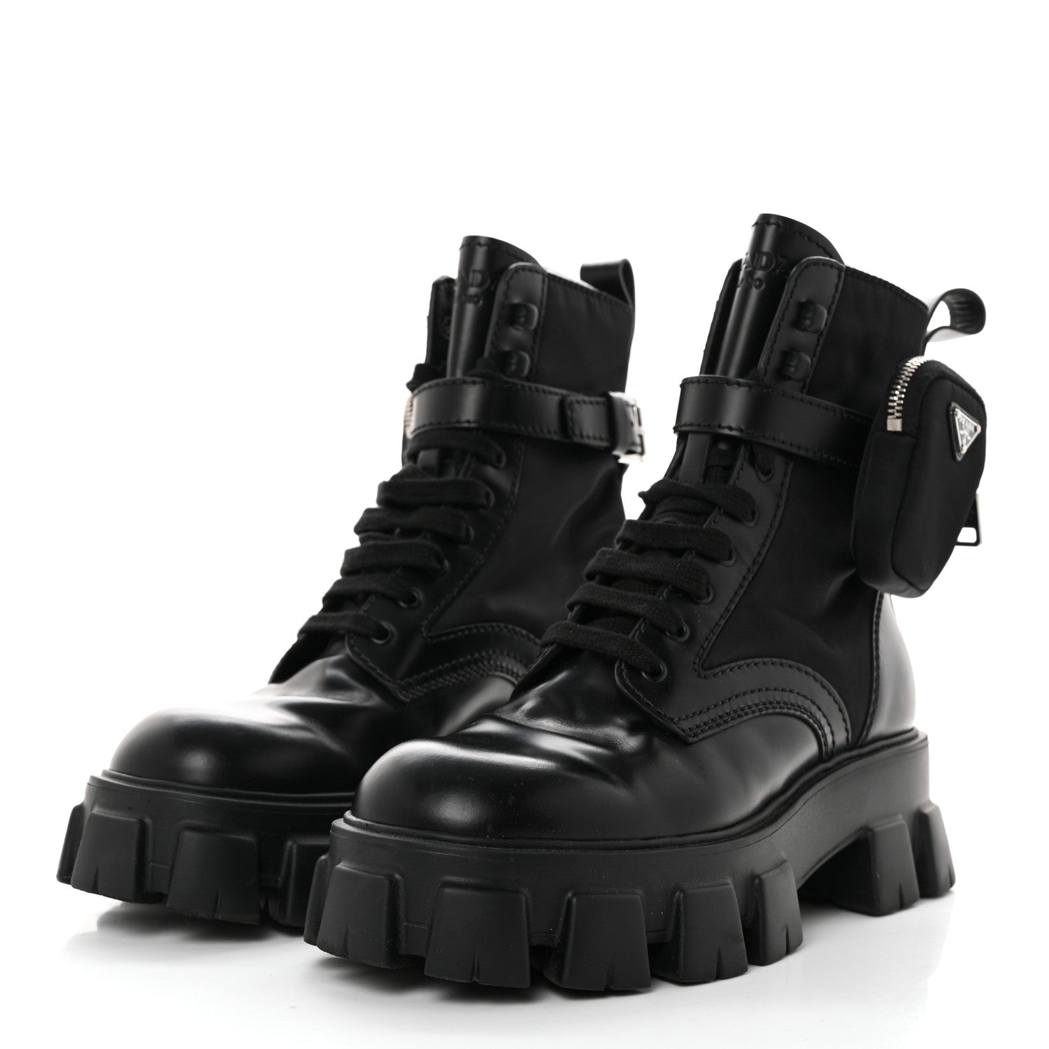 Prada Spazzolato Rois Re-Nylon Metal Triangle Logo Mens Monolith Pouch Pocket 60mm Combat Boots 7 Black 3 of 13