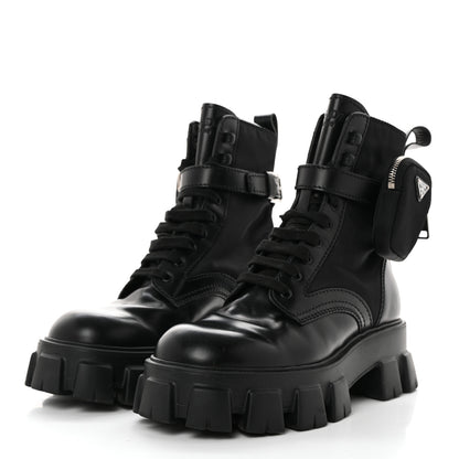 Prada Spazzolato Rois Re-Nylon Metal Triangle Logo Mens Monolith Pouch Pocket 60mm Combat Boots 7 Black 3 of 13