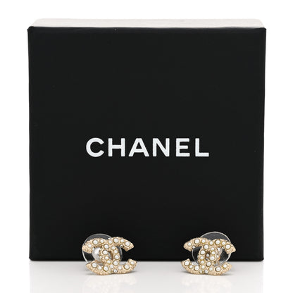 Chanel Metal Graduated Pearl Crystal CC Earrings Light Gold 10 of 10