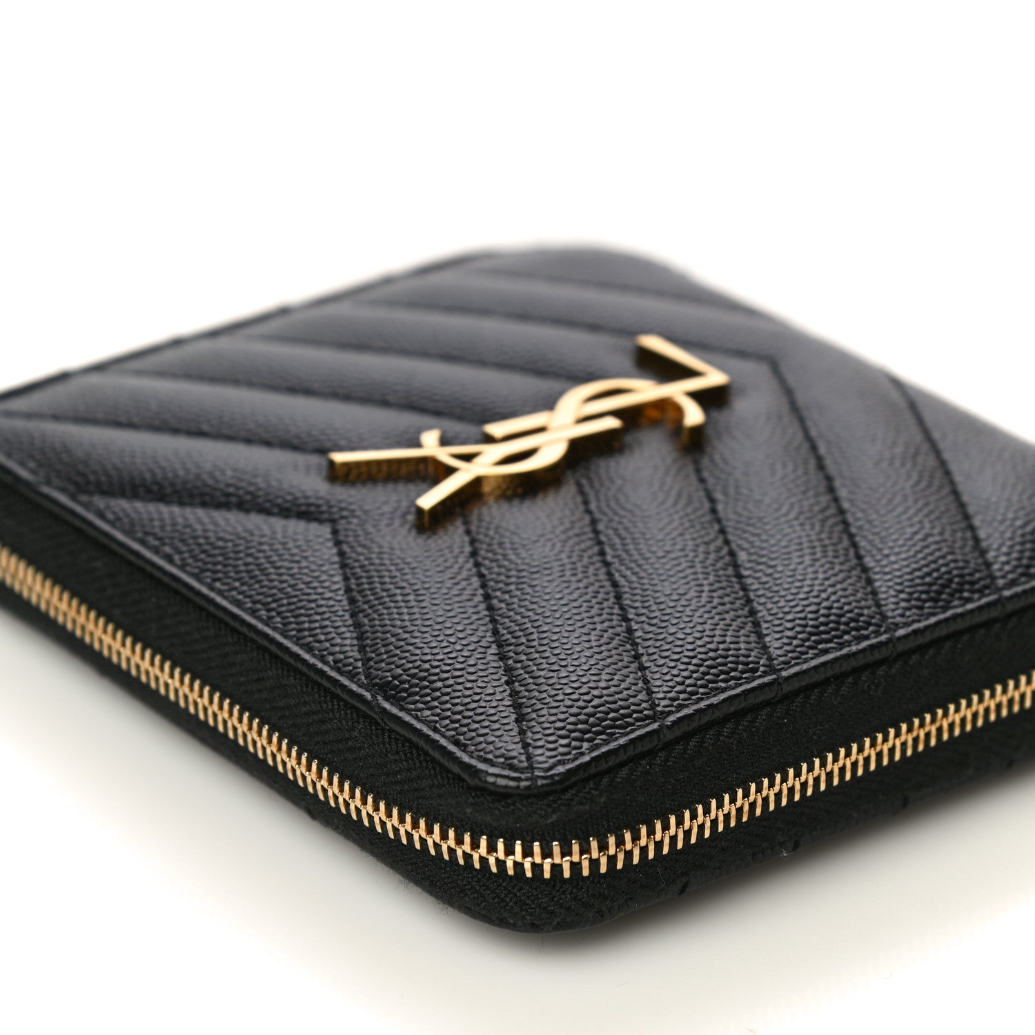 Saint Laurent Grain De Poudre Matelasse Chevron Monogram Compact Zip Around Wallet Black 11 of 21