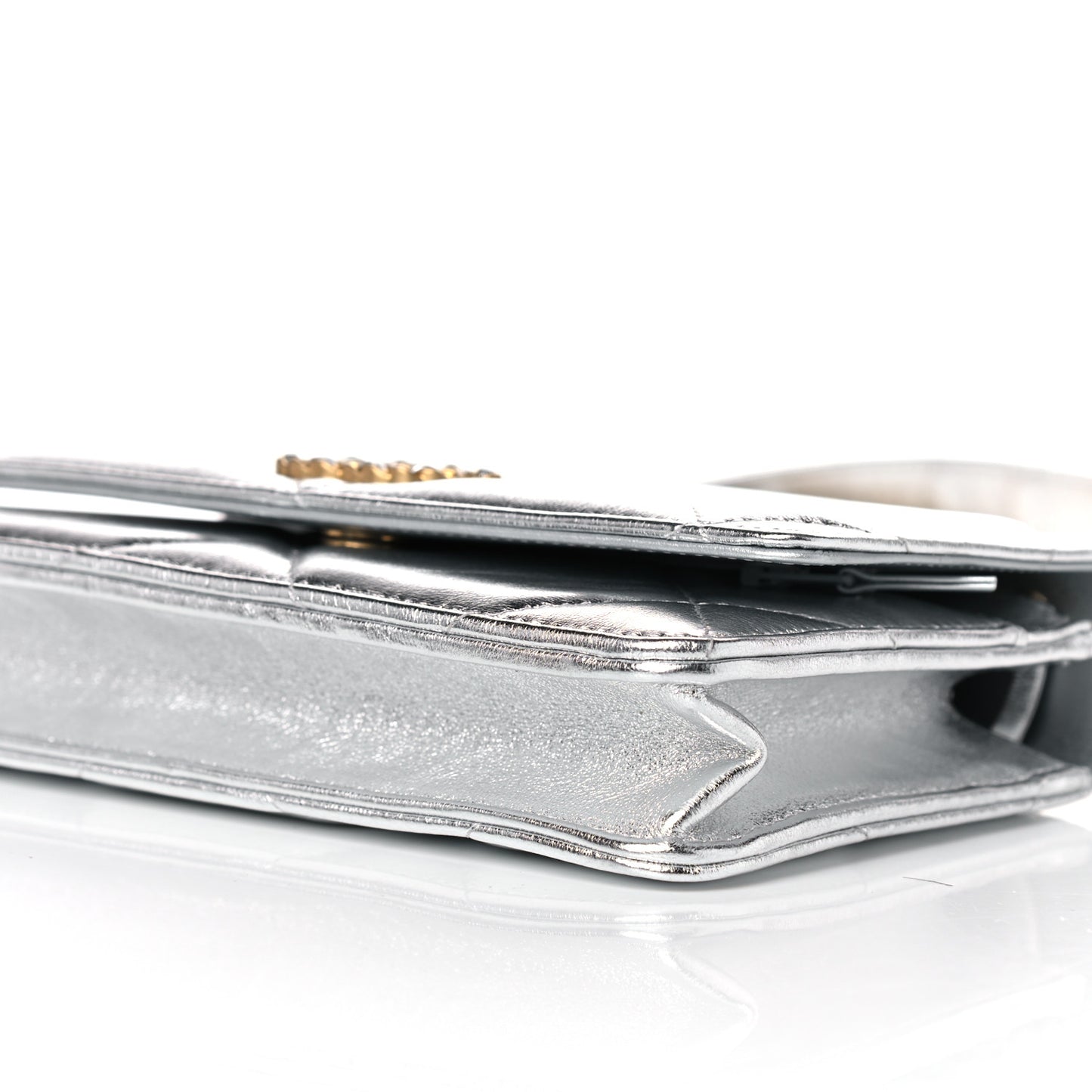 Metallic Lambskin Quilted Chanel 19 Wallet On Chain WOC Silver