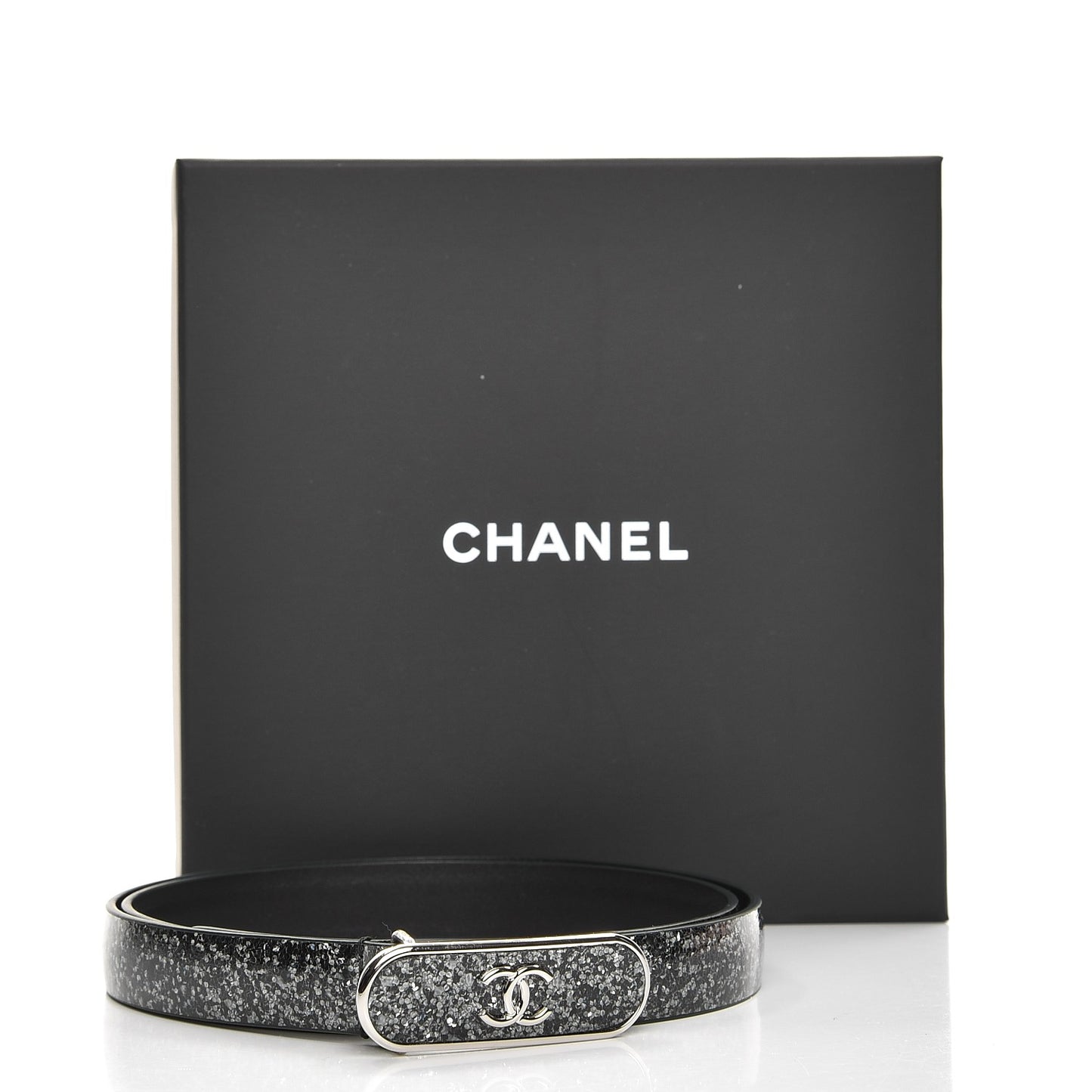 Glitter Calfskin CC Logo Skinny Belt 80 32 Black