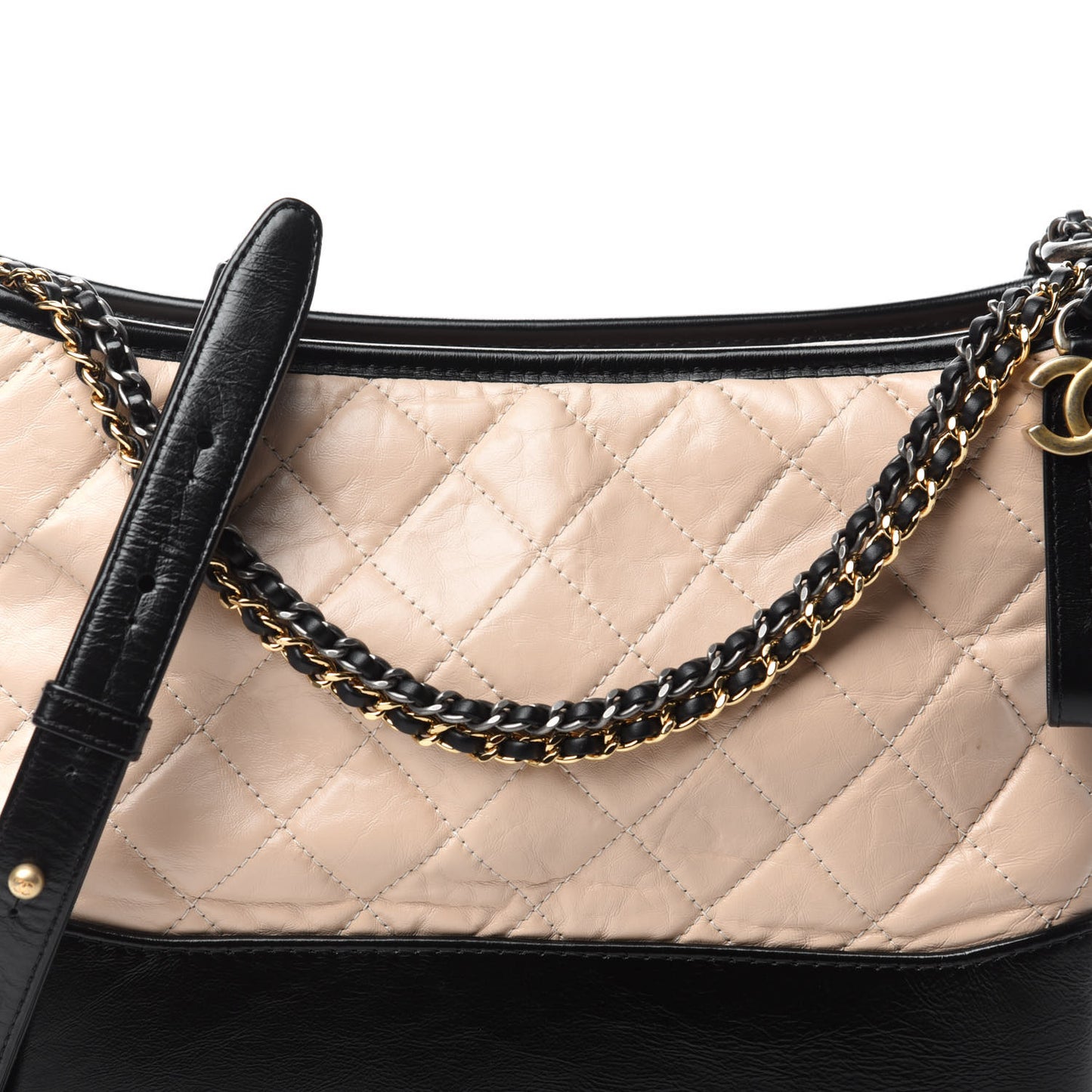 Aged Calfskin Quilted Medium Gabrielle Hobo Beige Black