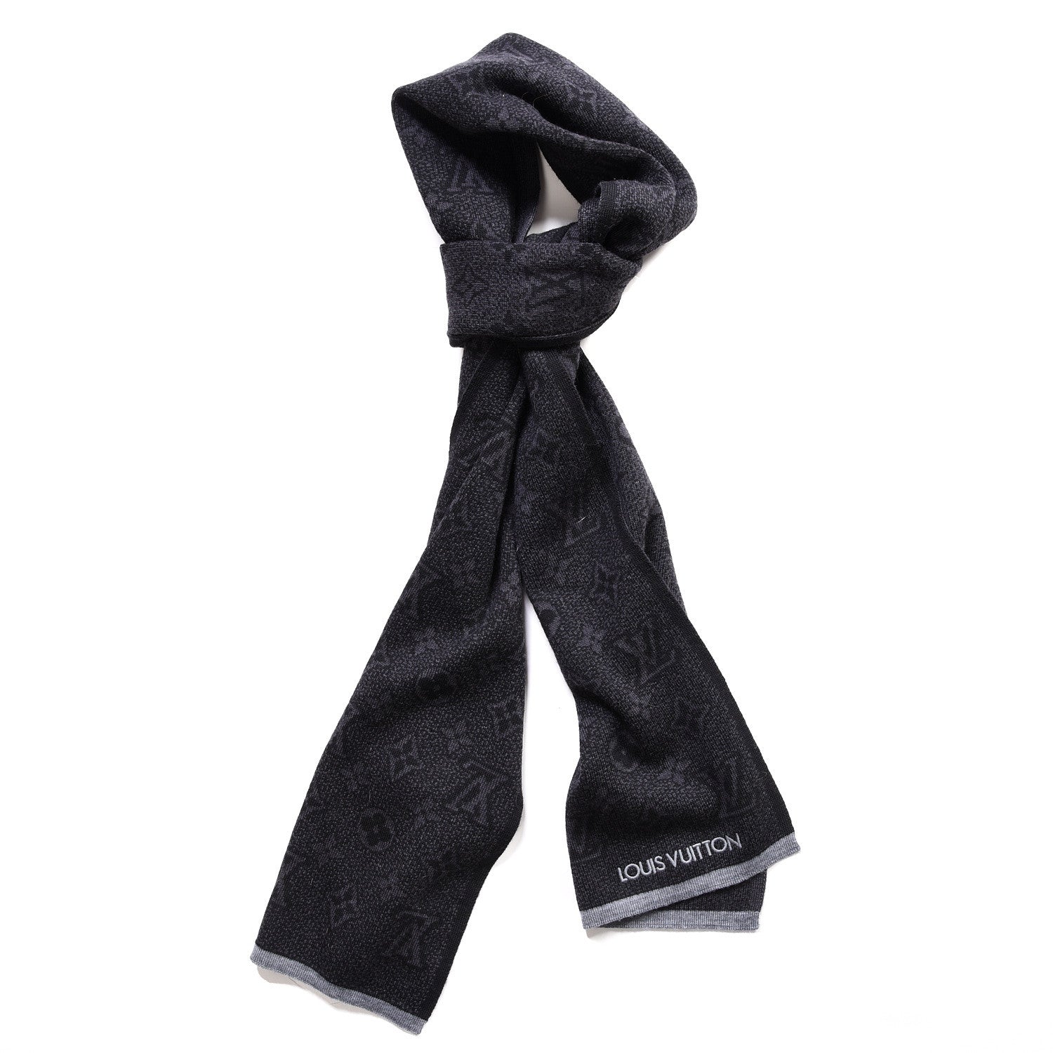 Louis Vuitton Wool Monogram Scarf Black Charcoal Grey 1 of 5
