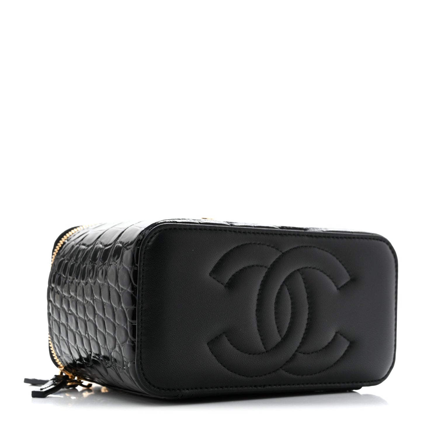 Calfskin Crocodile Embossed Crococo Small Top Handle Vanity Case With Chain Emerald