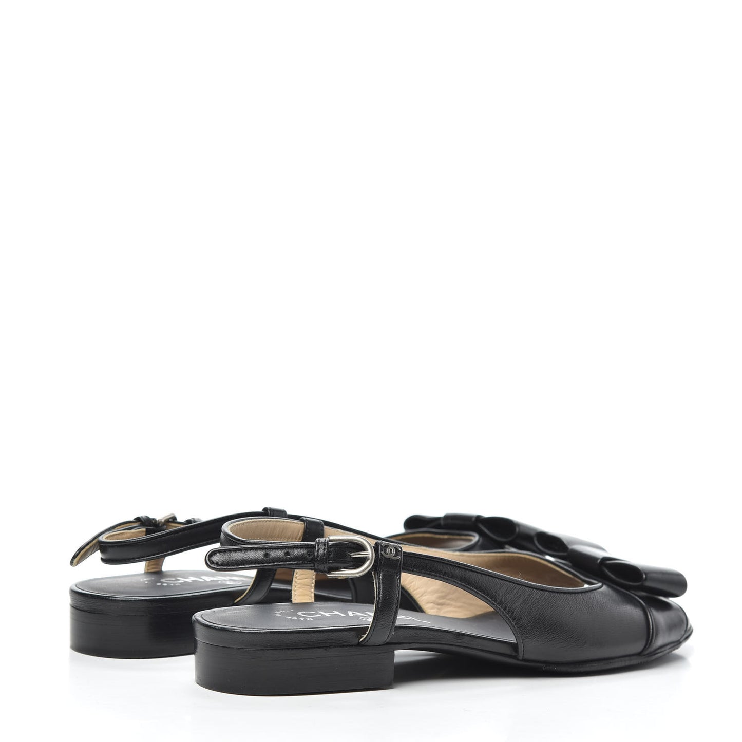 Lambskin Peep Toe Bow Slingback Flats 37 Black