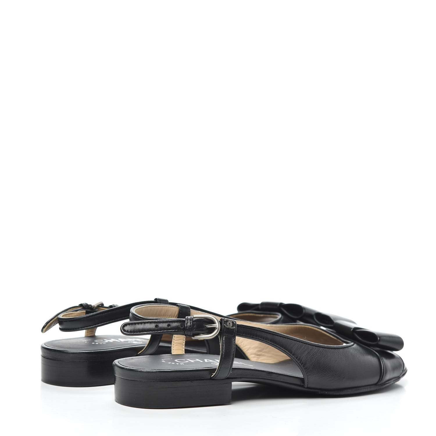 Chanel Lambskin Peep Toe Bow Slingback Flats 37 Black 4 of 6