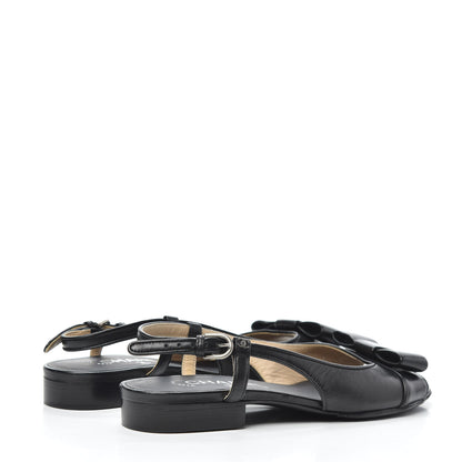 Chanel Lambskin Peep Toe Bow Slingback Flats 37 Black 4 of 6