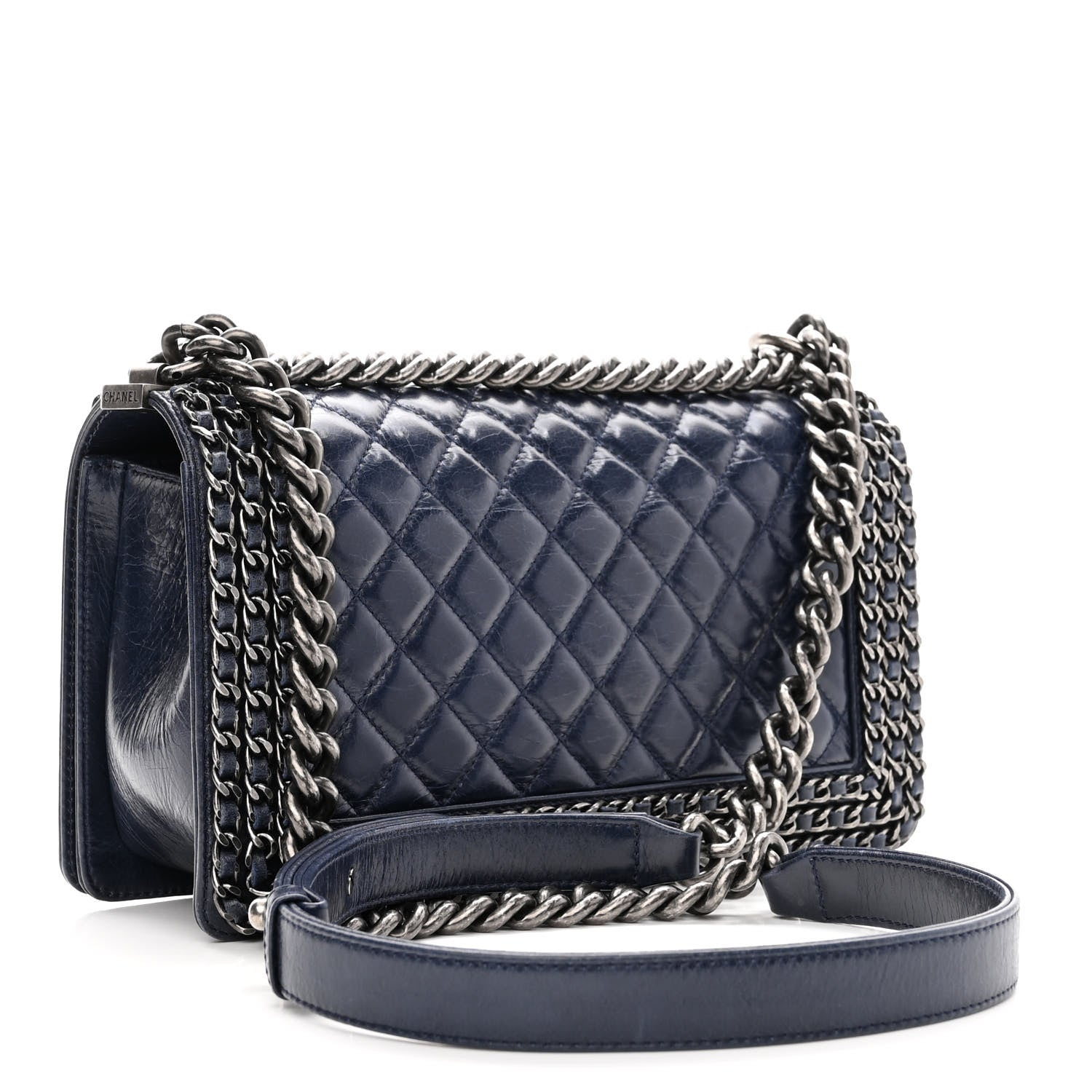 Chanel Glazed Calfskin Quilted Medium Boy Chained Flap Blue 3 of 14