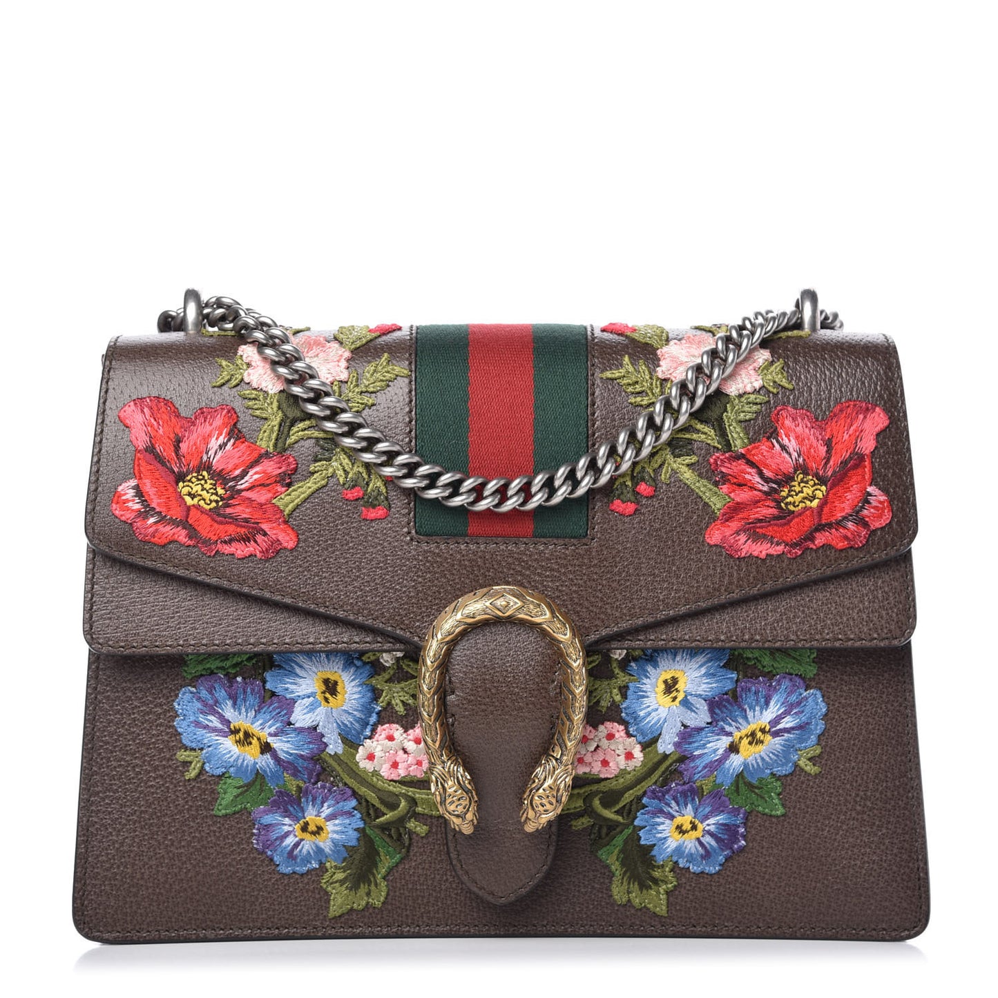 Calfskin Web Floral Embroidered Medium Dionysus Shoulder Bag New Acero