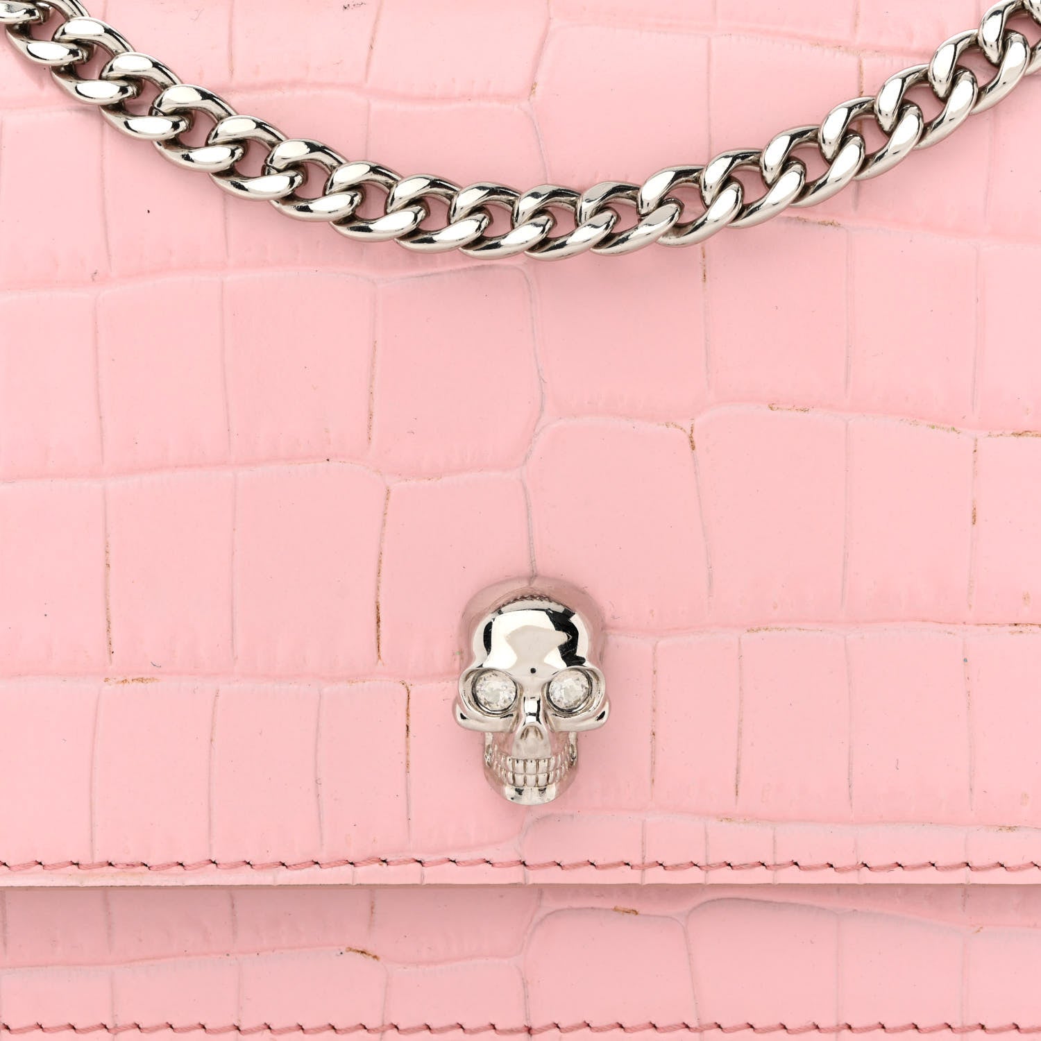 Alexander McQueen Calfskin Crocodile Embossed Skull Mini Crossbody Bag Pink 7 of 13
