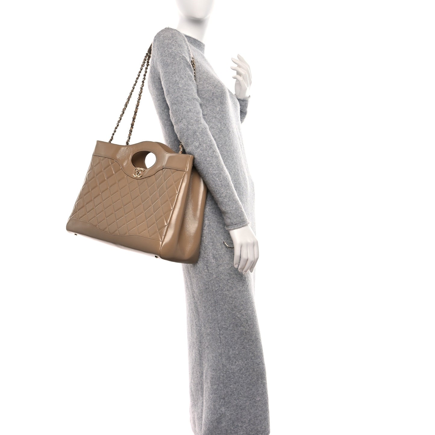 Shiny Crumpled Calfskin Quilted Large 31 Shopping Bag Beige