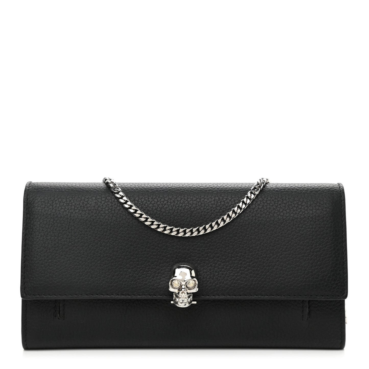 Pebbled Calfskin Skull Wallet on Chain Black