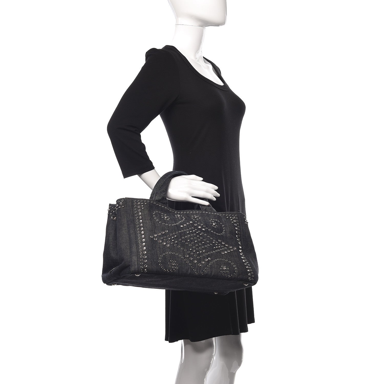 Prada Denim Crystal Studded Canapa Tote Black 2 of 11