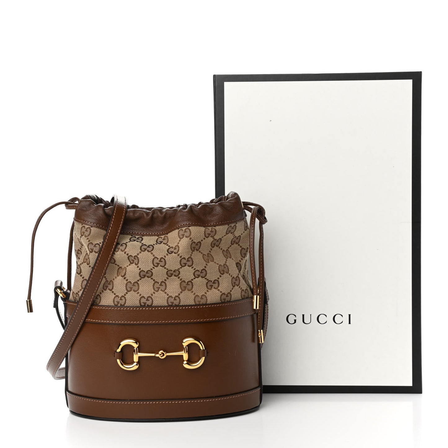 Monogram Textured Calfskin Horsebit 1955 Drawstring Bucket Bag Beige Brown Sugar