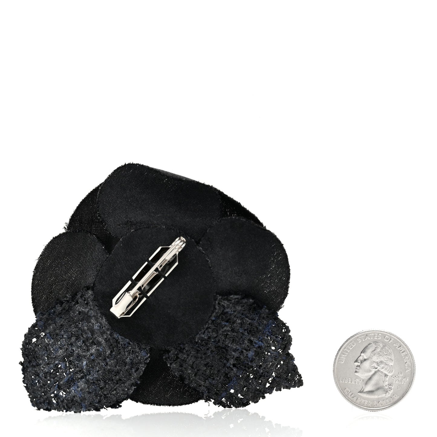 Tweed Fabric Camellia Pin Brooch Black