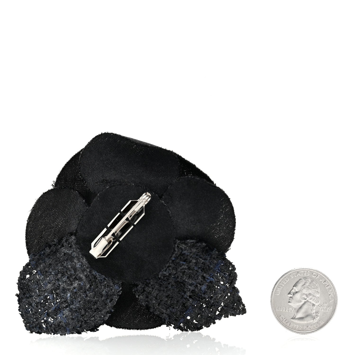 Chanel Tweed Fabric Camellia Pin Brooch Black 2 of 3