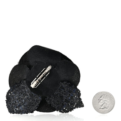 Chanel Tweed Fabric Camellia Pin Brooch Black 2 of 3