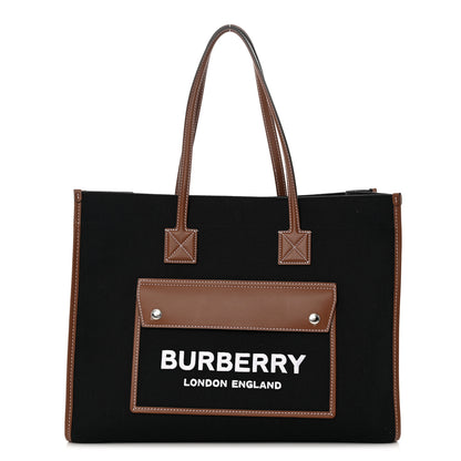 Burberry Canvas Smooth Calfskin Medium Two Tone Freya Tote Black Tan 1 of 18