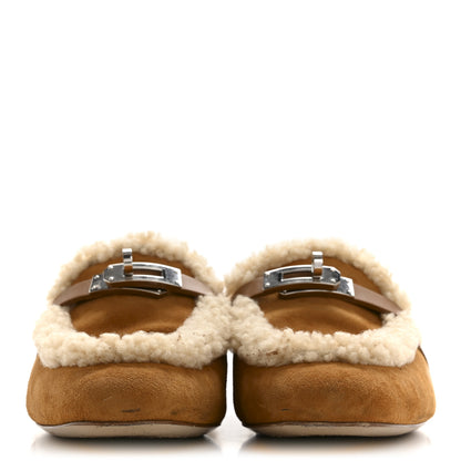 Hermes Suede Goatskin Woolskin Womens Oz Mules 37 Naturel 3 of 10