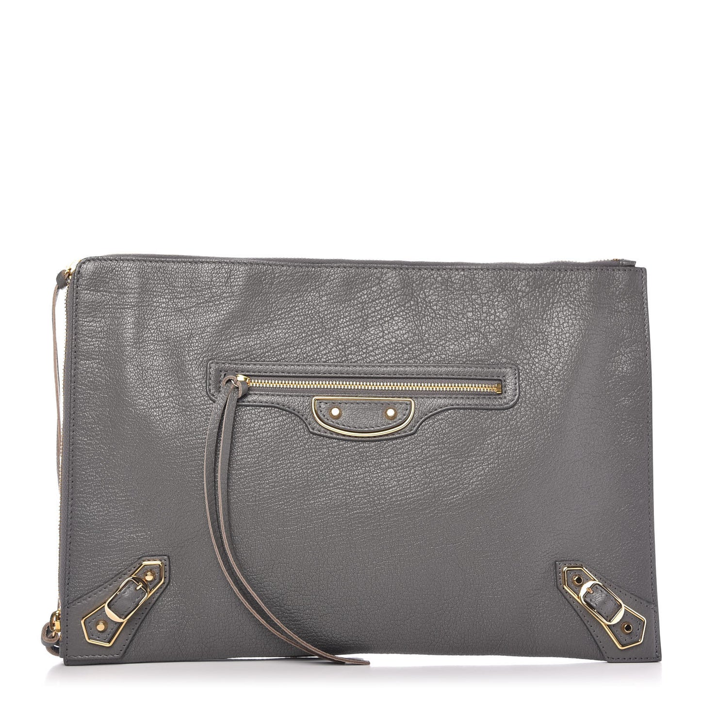 Chevre Gold Metallic Edge Hardware Pouch Gris Acier