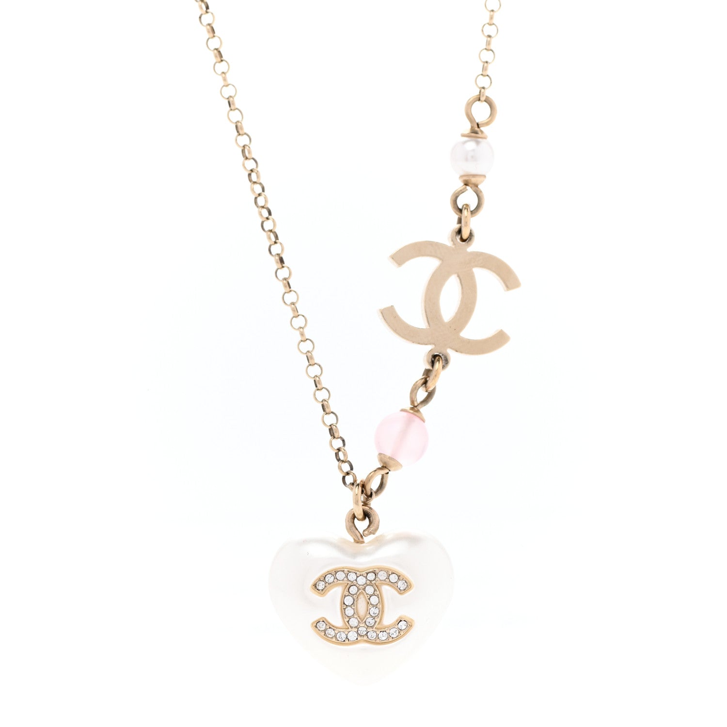 Chanel Resin Crystal CC Heart Necklace Pearly White Gold 4 of 7