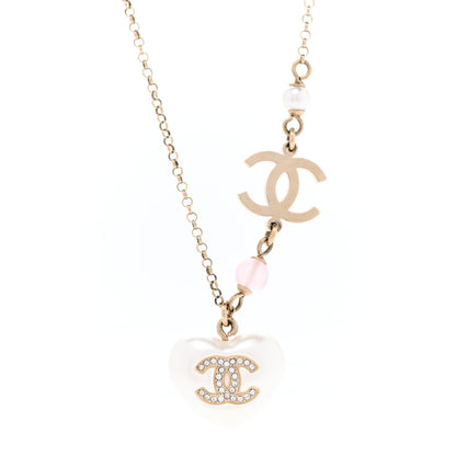 Chanel Resin Crystal CC Heart Necklace Pearly White Gold 4 of 7
